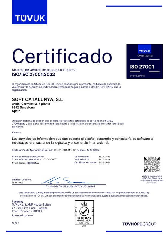 Certificado ISO/IEC 27001:2022 de Soft Catalunya, S. L., emitido por TÜV UK Limited